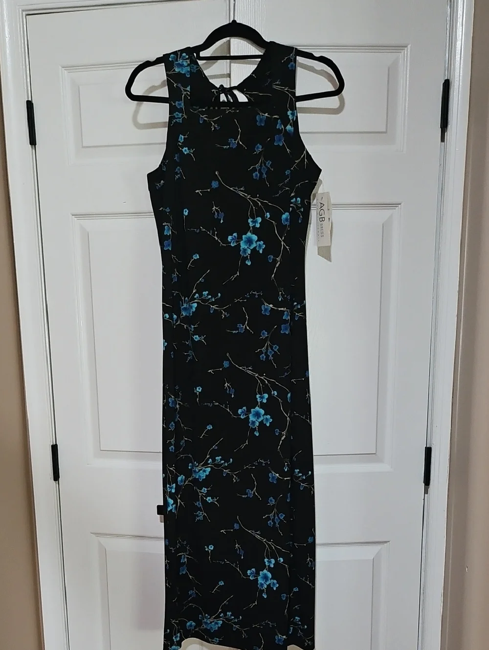 AGB Black Maxi Dress with Blue Floral Print - Picture 1 of 14